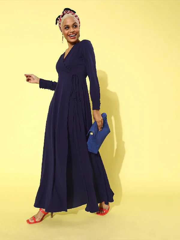 Berrylush Women Solid Navy Blue V-Neck Cuffed Sleeves Maxi Dress Classic A-Line Maxi Dress