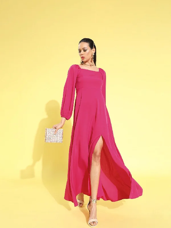 Berrylush Women Solid Dark Pink Square Neck Puff Sleeves Crepe Flared Maxi Dress Trendy Fit-and-Flare Maxi Dress