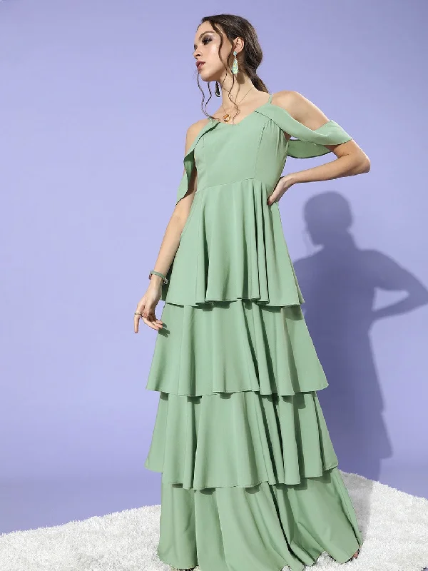 Berrylush Women Solid Green V-Neck Cold-Shoulder Flounce Hem Layered A-Line Maxi Dress Comfortable Cotton Maxi Dress