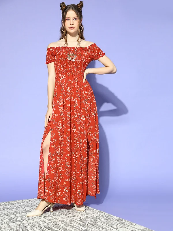 Berrylush Women Red & White Floral Printed Off-Shoulder Neck Thigh-High Slit Crepe Smocked Maxi Dress Comfortable Maxi Dress with Belt