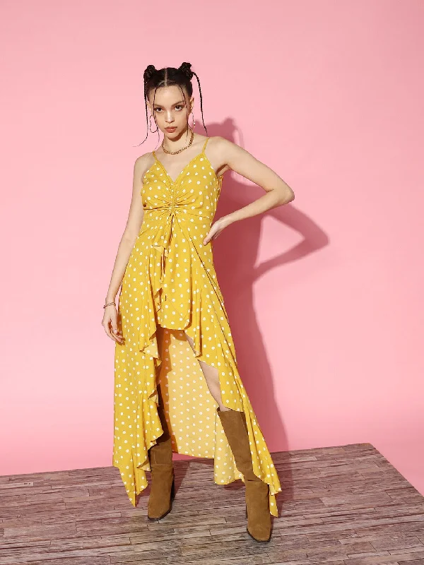 Berrylush Women Yellow & White Polka Dot Printed V-Neck Sleeveless Crepe High-Low Ruffled Maxi Dress Elegant Maxi Dress with Slit