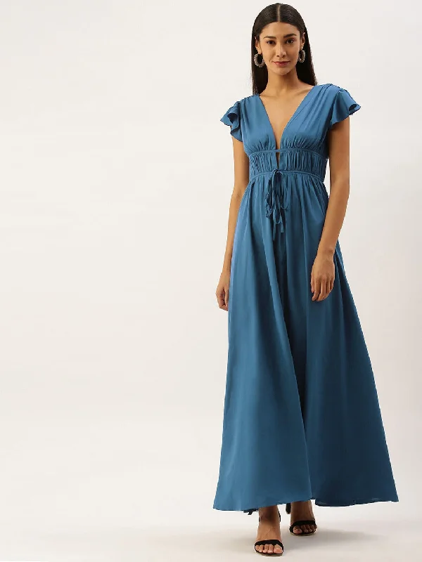 Berrylush Women Solid Blue Deep V-Neck Maxi Dress Comfortable Maxi Dress with Slits