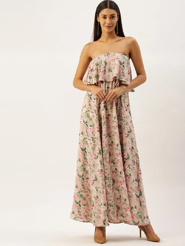 Berrylush Women Pink Off-Shoulder Floral Printed Maxi Dress Stylish Long Sleeve Maxi Dress