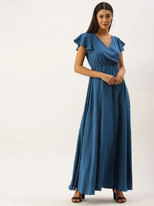 Berrylush Women Solid Blue V-Neckline Maxi Dress Comfortable Fitted Maxi Dress