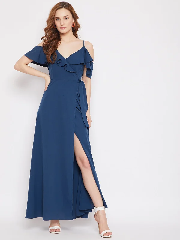 Berrylush Women Solid Blue V-Neck Cold-Shoulder Thigh-High Slit Ruffled Maxi Dress Cozy Maxi Dress with Slit