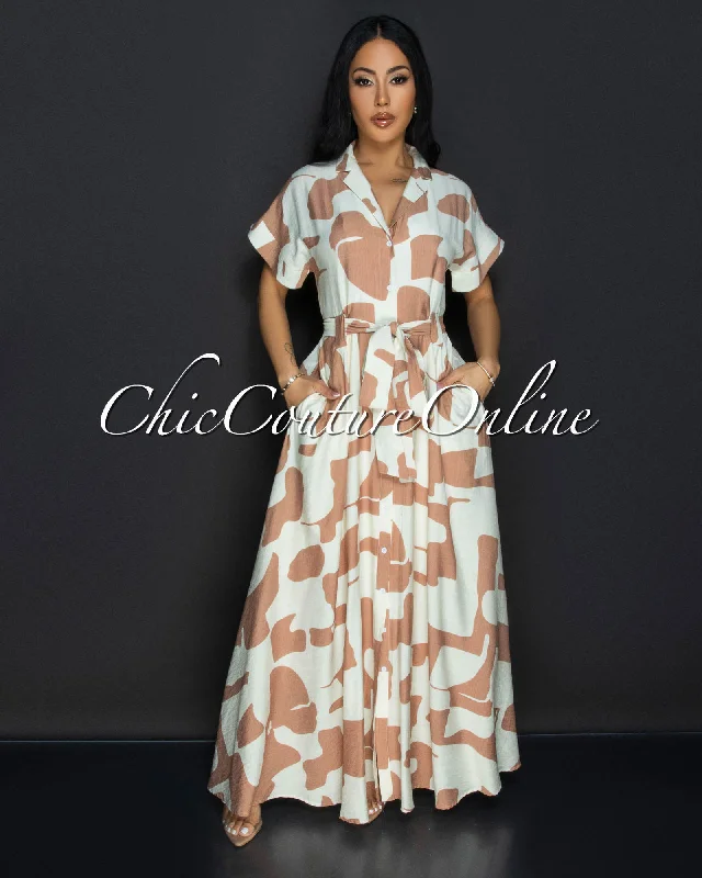 Fia Beige Nude Print Collared Maxi Dress Comfortable Flowy Maxi Dress