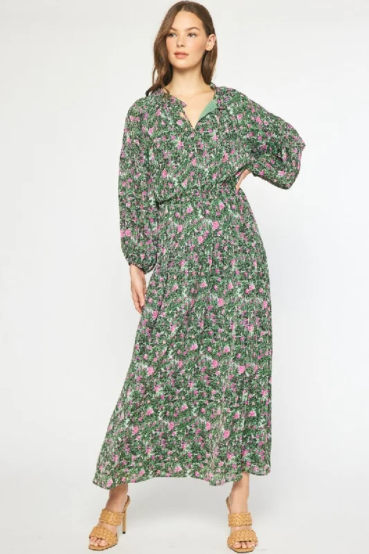 SALE Floral print long sleeve maxi dress featuring self tie at front Fashionable Halter Neck Maxi Dress