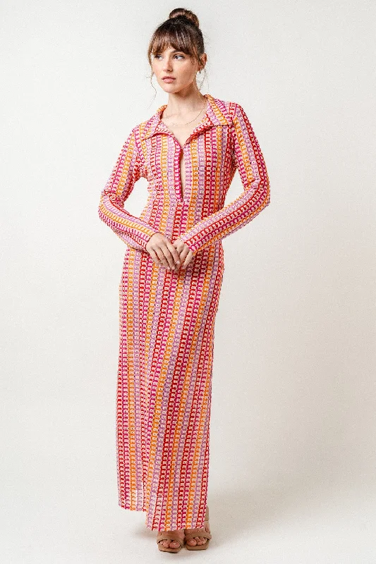 Fuchsia and Orange Button Up Collared Knit Maxi Dress Comfortable Bohemian Maxi Dress