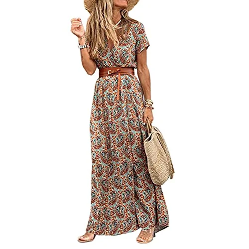 Summer Maxi Dress Women Boho Dresses Fashion Floral V Neck Short Sleeve Beach Resort Homewear Long Dress Casual Street Style - Brown - XL Cozy Open-Back Maxi Dress