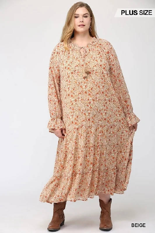 Floral Chiffon Tassel Tie Ruffled Maxi Dress With Full Lining Comfortable T-Shirt Maxi Dress