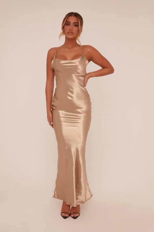 Gold Satin Cowl Neck Maxi Dress - Jesi Fashionable Sheer Maxi Dress