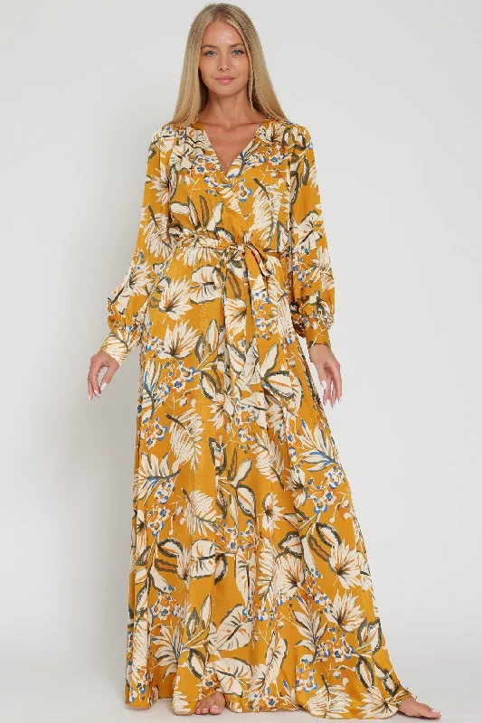 Golden Long Sleeve Fall Floral Printed Belted Maxi Dress Trendy Button Front Maxi Dress