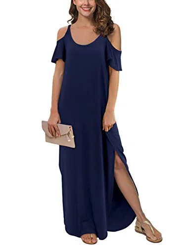 GRECERELLE Women's Summer Casual Loose Long Dress Strapless Strap Cold Shoulder Short Sleeve Split Maxi Dresses with Pocket Fashionable Faux Wrap Maxi Dress