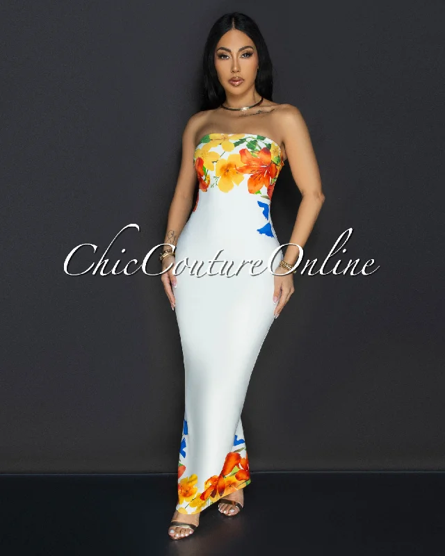 Iami Cream Floral Strapless Maxi Dress Stylish One-Shoulder Maxi Dress