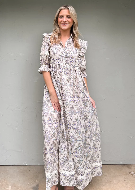 Karlie: Boho Floral Crochet Maxi Dress Cozy Open-Back Maxi Dress