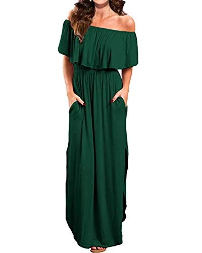 KIDSFORM Women Maxi Dress Long Sleeve Off Shoulders Ruffles Side Split Long Dress with Pockets Fashionable Off-Shoulder Maxi Dress