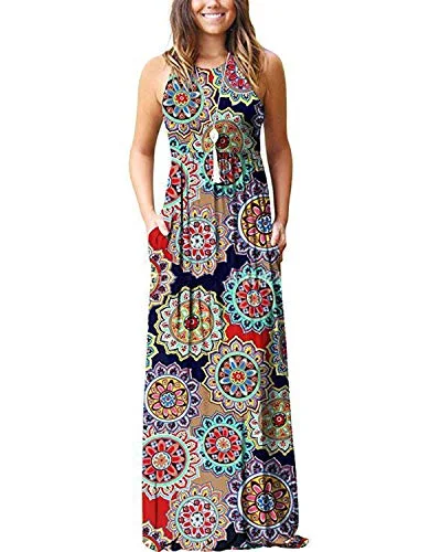 KIDSFORM Women's Casual Maxi Dress Loose Long/Short Sleeve Racerback Long Dresses with Pockets Comfortable Casual Maxi Dress