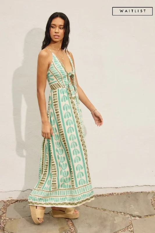 Waitlist 2/5 ♥ Kili Sleeveless Back Tie Abstract Print Maxi Dress Green Comfortable Long-Sleeve Maxi Dress