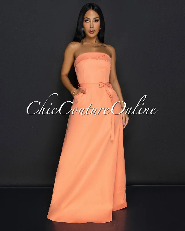 Klana Orange Strapless Belted Cargo Maxi Dress Chic Off-Shoulder Maxi Dress