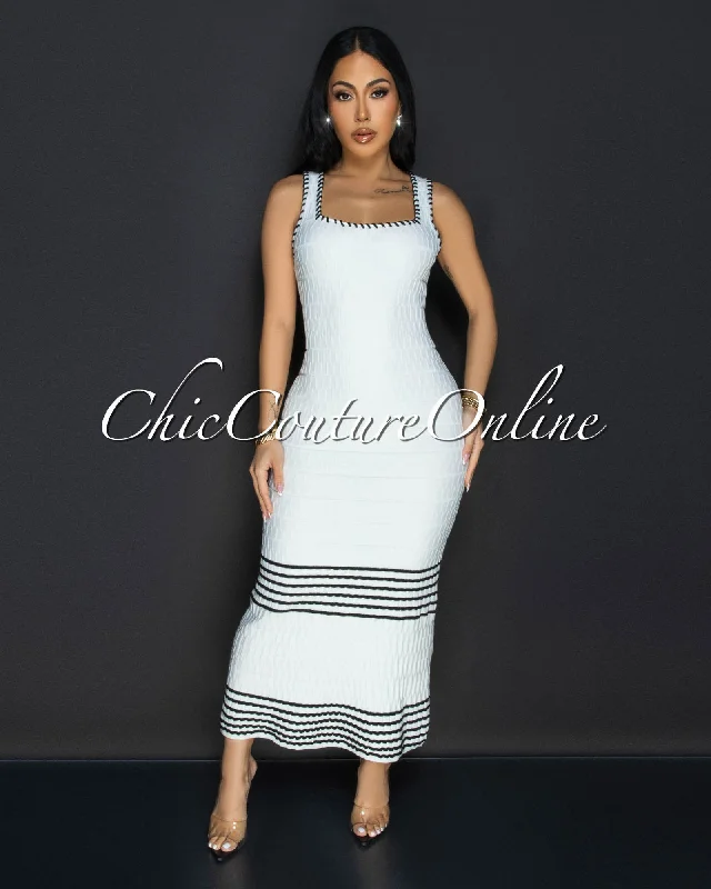 Linia Off White Black Trim Knit Maxi Dress Fashionable Faux Wrap Maxi Dress