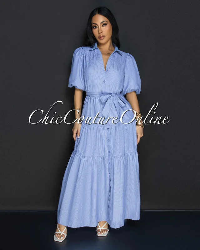 Locina Blue Stripes Ruffle Maxi Dress Stylish Maxi Dress with Pleats