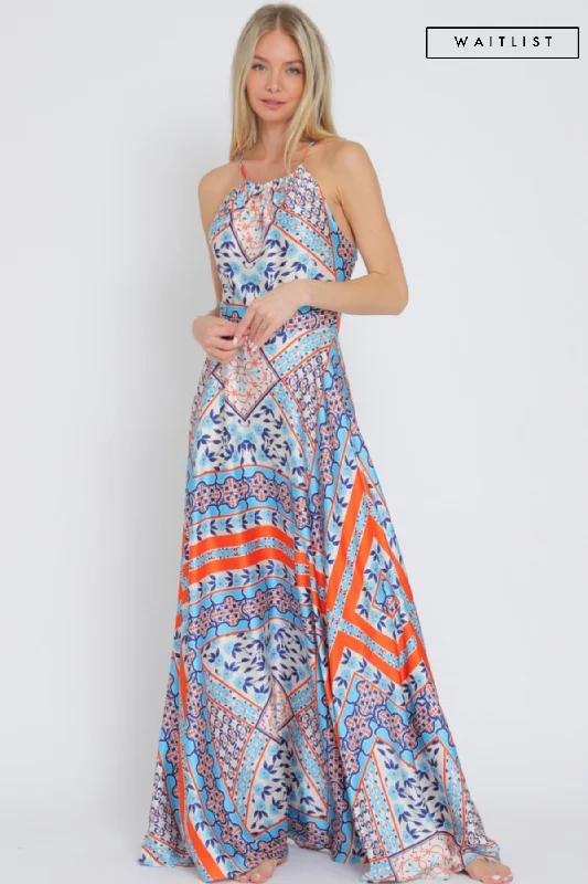 Waitlist 2/5 ♥ Lolisa Sleeveless Halter Cross Back Abstract Print Maxi Dress Blue Elegant Maxi Dress with Drapes