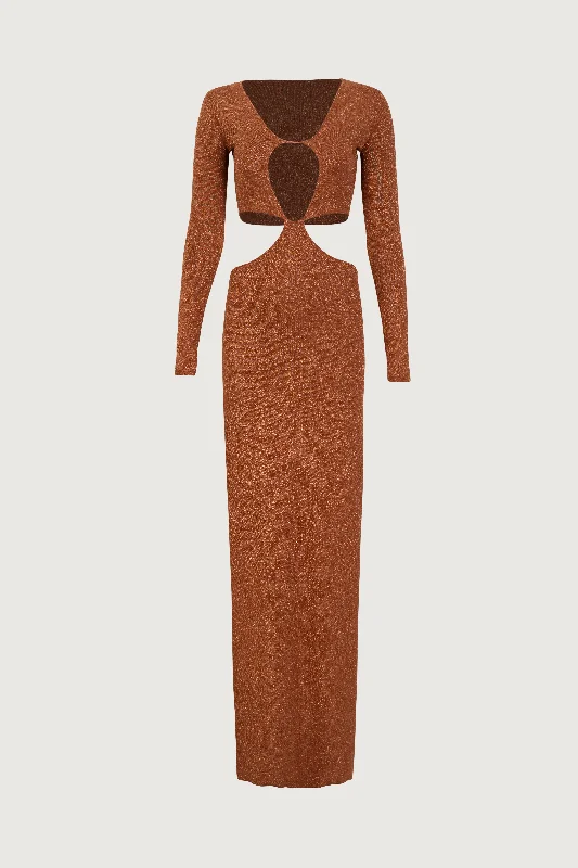 Long Sleeve Cut Out Maxi Dress (Mocha Lurex) Cozy Maxi Dress with Slit