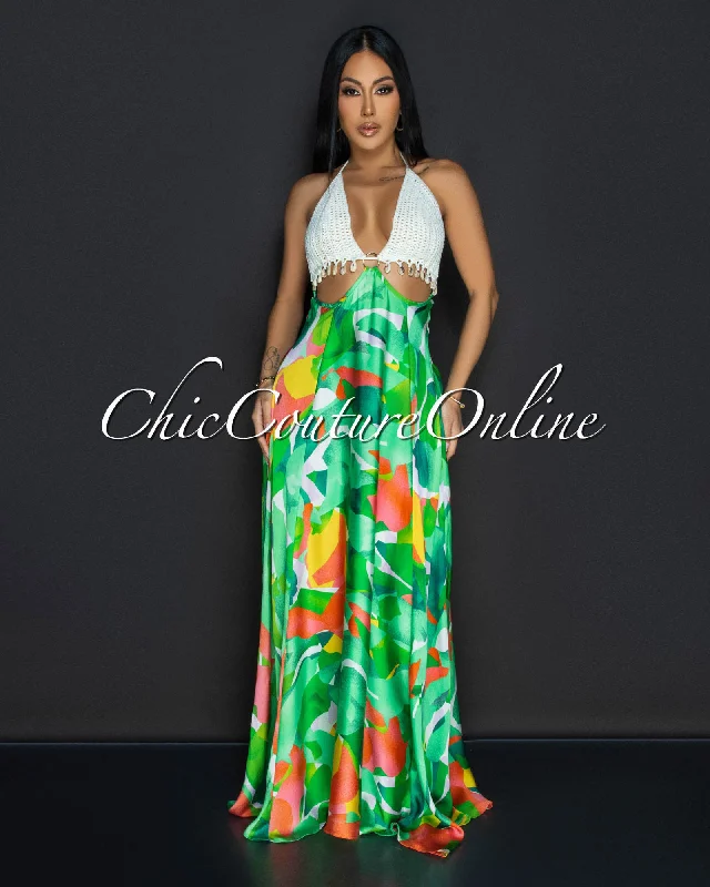 Moa Green Orange Halter Crochet Flared Maxi Dress Comfortable Plunging Neckline Maxi Dress