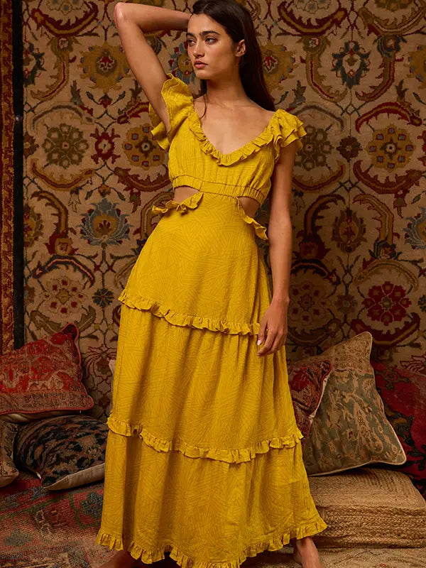 Mustard Cut Out Flutter Maxi Dress Stylish Pleated A-Line Maxi Dress