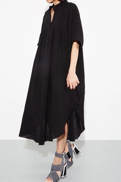 OAK Pintuck Maxi Dress - Black Trendy Short Sleeve Maxi Dress