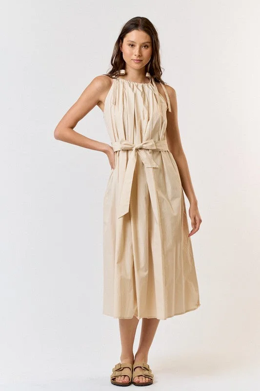 Oatmeal Colored Halter Neck Tie Waist Maxi Dress Cozy Ribbed Maxi Dress