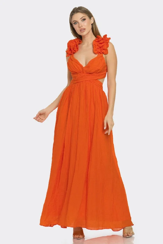 Orange Ruffle Shoulder Maxi Dress Trendy Floral Print Maxi Dress