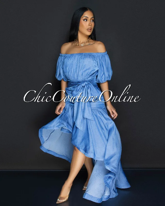 Othalia Denim Stripes Off-The-Shoulder Maxi Dress Elegant Lace Maxi Dress