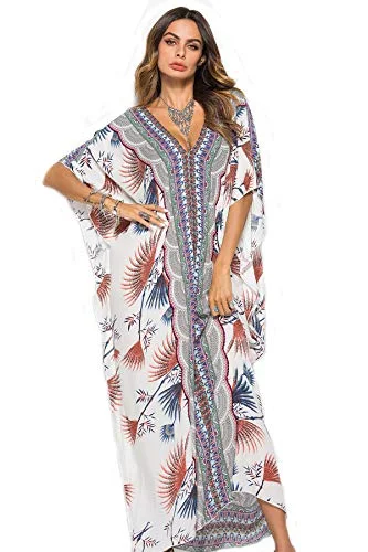 PHLCEhot Women Long Tunic Dress Kaftan Maxi Dress Batwing 3/4 Sleeve Plus Size Summer Dress Cozy Ribbed Maxi Dress