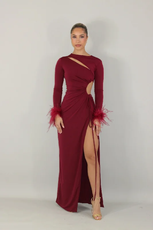 Phoenix long sleeve maxi dress with feathers Elegant Maxi Dress with Ruffles