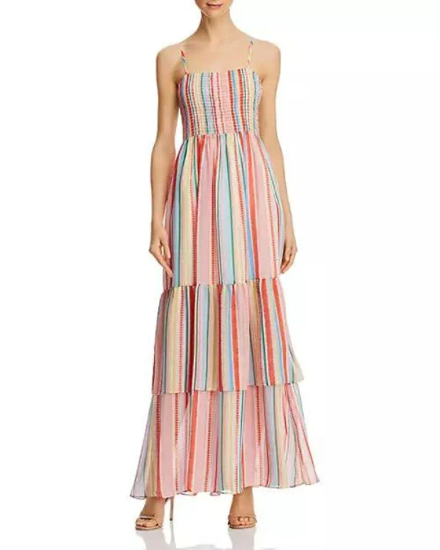 Rainbow-Stripe Smocked Maxi Dress Stylish Maxi Dress with Pleats