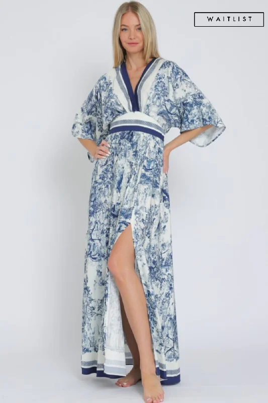 Waitlist 2/5 ♥ Rhiannon Kimono Sleeve Printed Maxi Dress Navy Elegant Silk Maxi Dress