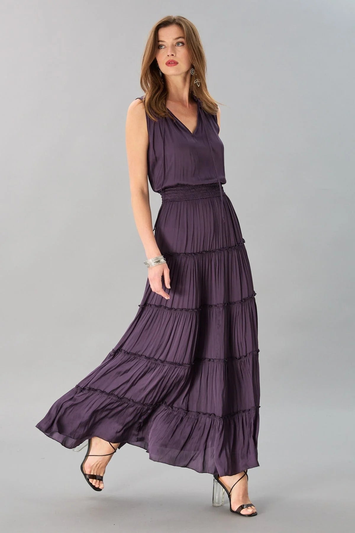 Satin Tiered Maxi Dress | Blackberry Comfortable Maxi Dress with Slits