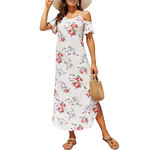 Sherosa Women's Summer Maxi Dresses Cold Shoulder Split Loose Short Sleeve Long Beach Dresses with Pocket Chic Boho Print Maxi Dress