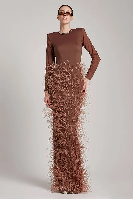 Stretchable Ostrich Feather Embellished Long Sleeve Maxi Dress in Brown Chic Sleeveless Maxi Dress