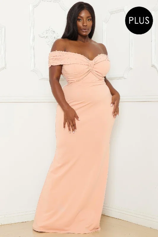 Pearl Bead Off The Shoulder Plus Size Maxi Dress Trendy Maxi Dress with Belt