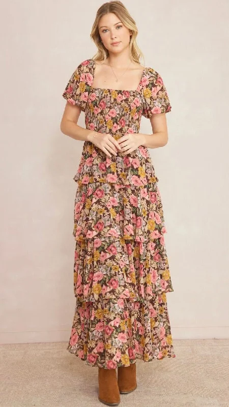 Tiered Ruffle Floral Maxi Dress Cozy Open-Back Maxi Dress