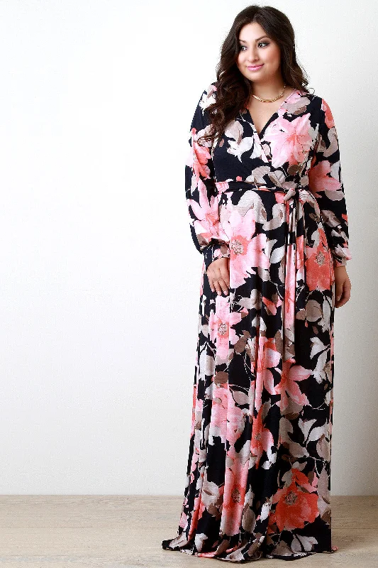 Floral Wrap Style Longsleeve Maxi Dress Fashionable Printed Maxi Dress