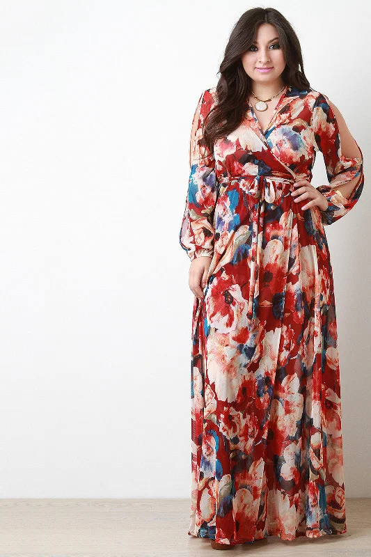 Floral Printed Mesh Slit Sleeve Wrap Maxi Dress Cozy Spaghetti Strap Maxi Dress