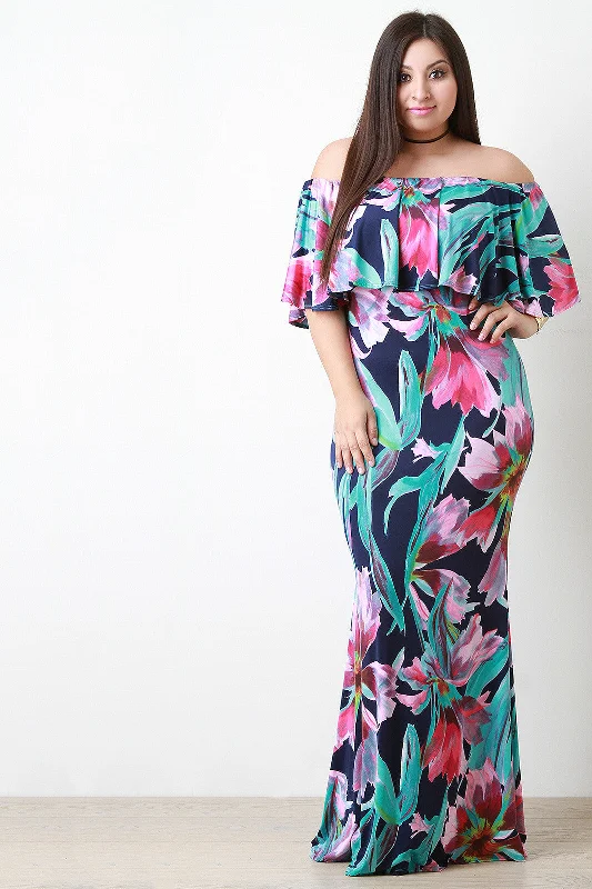 Floral Pattern Bardot Mermaid Maxi Dress Comfortable Long-Sleeve Maxi Dress