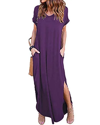 VONDA Summer Dresses for Women V Neck Beach Dress Bohemian Side Slit Maxi Dress with Pockets Trendy V-Neck Maxi Dress