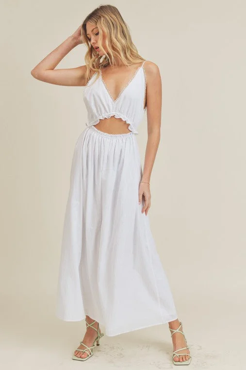 White Waist Tie Maxi Dress Comfortable Ruffle Hem Maxi Dress