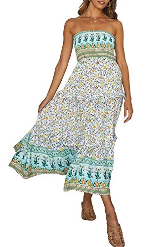 Women's Summer Bohemian Floral Printed Strapless Beach Party Long Maxi Dress Trendy Maxi Dress with Lace