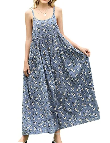 YESNO Women Casual Loose Bohemian Floral Print Dresses Spaghetti Strap Long Summer Beach Swing Maxi Dress XS-5X E75UK Trendy Button Front Maxi Dress