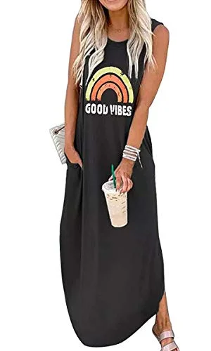 Ykomow Spring Summer Good Vibes Rainbow Maxi Dress Womens Sleeveless Graphic Beach T Shirt Dresses Comfortable Satin Maxi Dress